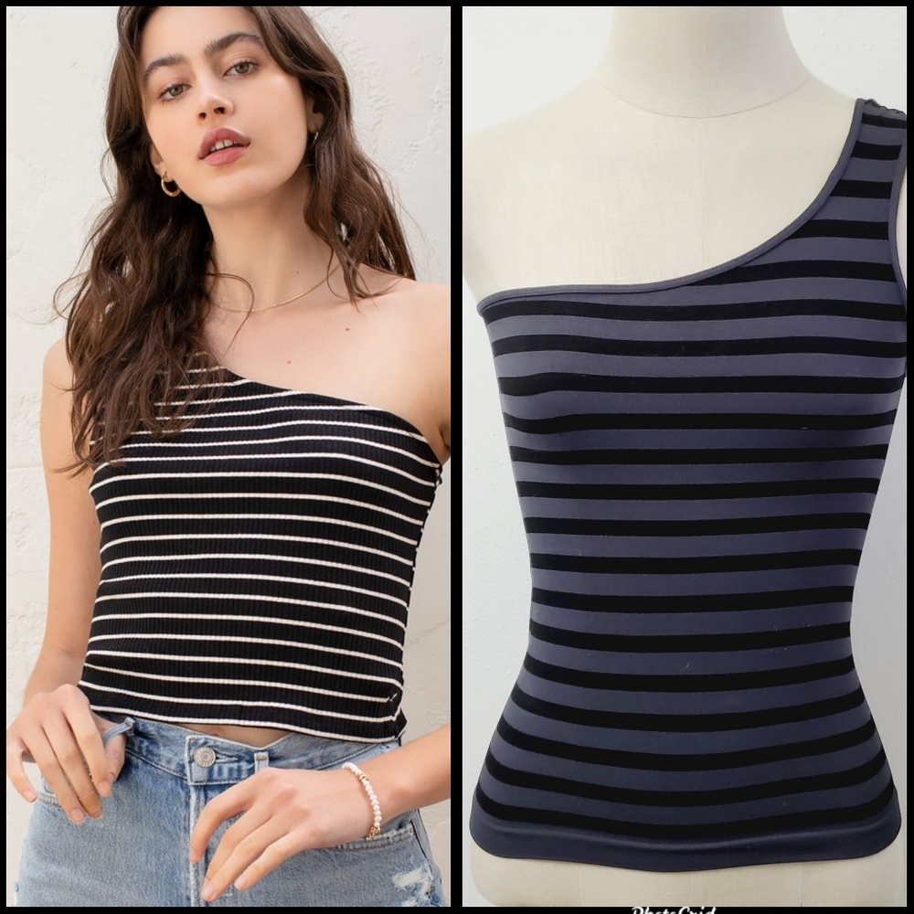 F21 Lot of 2 One Shoulder Asymetric Striped Knit Bodycon Tops